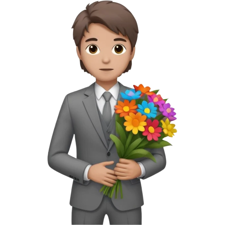 Chico blanco, traje gris , pelo castaño revuelto,cuerpo entero ramo de flores emoji