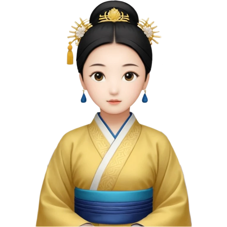 一个中长直发，平刘海，戴黑色框架眼镜的黄皮肤女生，穿着白色泡泡袖方领口娃娃衫，点缀着稀疏的棕色小花。下身是蓝色阔腿牛仔裤和粉色薄底布鞋。头上戴的是黑色画家帽。 emoji