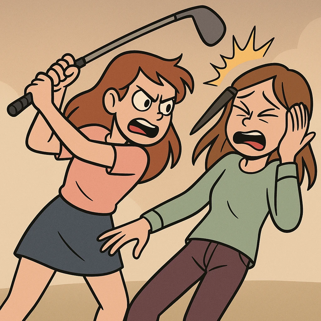 a dramatic scene of a girl hitting another girl with a golf club, stylized illustration emoji