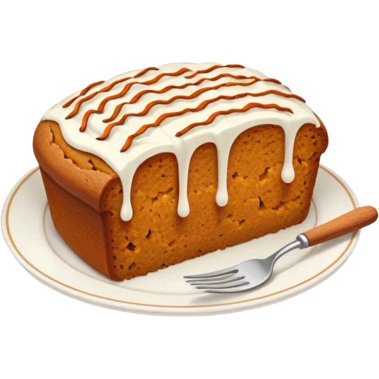 Delicate slice of pumpkin bread with cream cheese icing drizzle, styled on a dainty plate with a cinnamon sprinkle. emoji