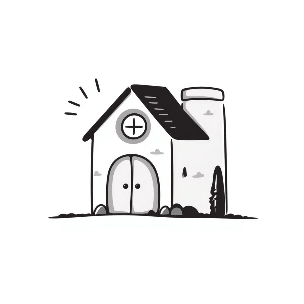 A cute small house/cottage with roof and windows in pastel colors (dd9fb0, ffc6d3, a3bfc9, c4bee2, f1b091), hand-drawn doodle style emoji