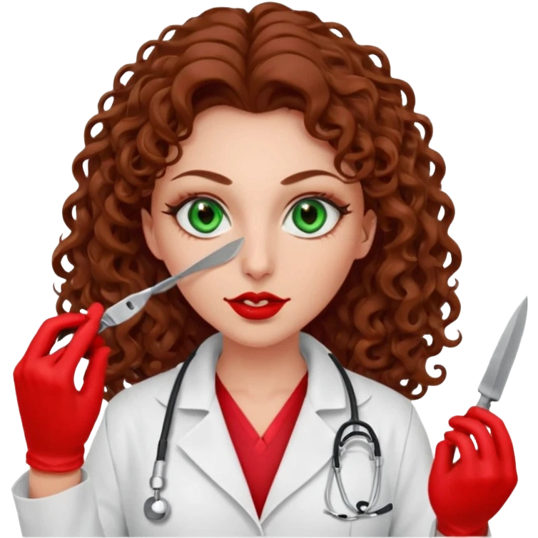 Lilith scalpel sexy evil woman. She has green eyes.  had brown long curly hair.  evil surgeon kills holding scalpel.  wears sexy doctor coat with red gloves. Covers nose, neck  and mouth with Muslim red berka emoji
