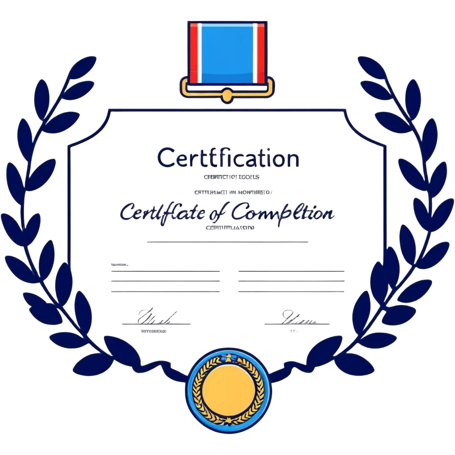 certificate of completion with a blue medal sticker, clean and celebratory design emoji