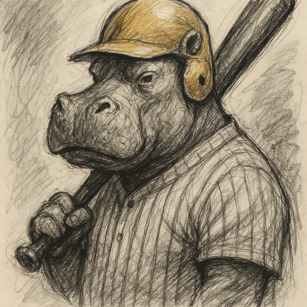 hippo holding a baseball bat, wearing a yellow helmet, pinstripes outfit emoji