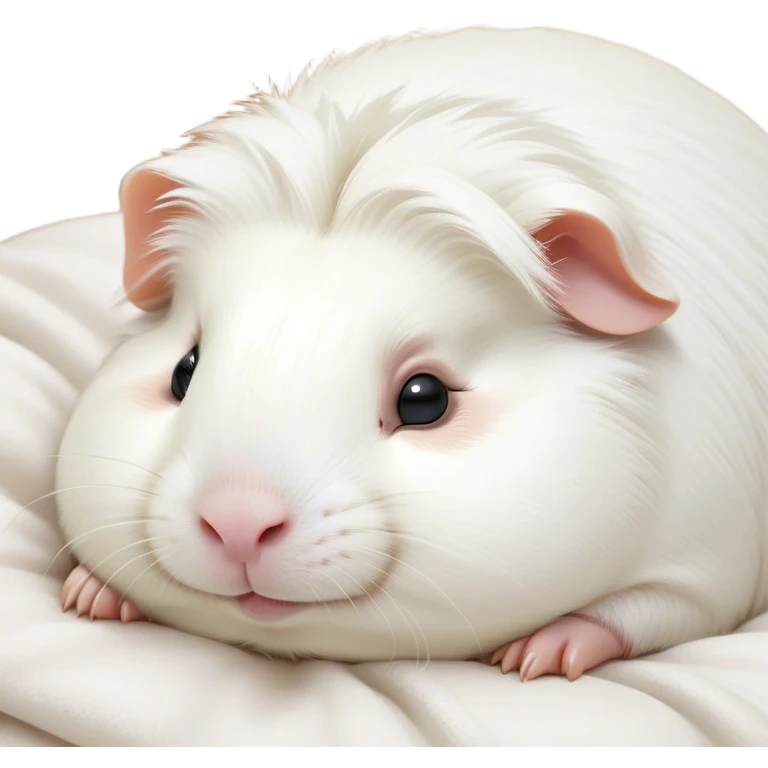 Meme-Worthy Cute Sleeping White Guinea Pig Portrait Emoji, Head resting peacefully with a contented smile, showcasing a delightfully chubby build and a luxuriously soft pure white fur, eyes shut in a serene, cozy nap, Simplified yet hilariously adorable features, highly detailed, glowing with a soft, drowsy light, high shine, relaxed and utterly lovable, stylized with an air of playful laziness, bright and heartwarming, soft glowing outline, capturing the essence of a comically sleepy guinea pig, so meme-worthy it feels like it could instantly become the next viral sensation of adorable slumber! emoji