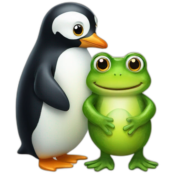 Penguin and a frog hugging emoji