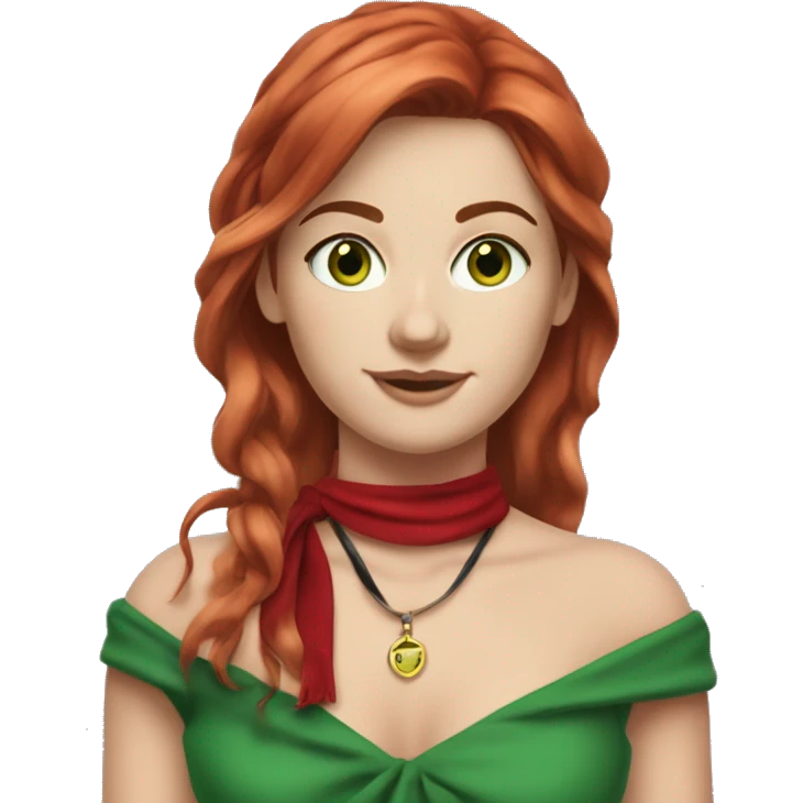 White caucasian woman in her 20s with long red layered hair and bangs green eyes freckles wearing a red dress, skinny scarf around the neck and holding a little black purse on her shoulder emoji