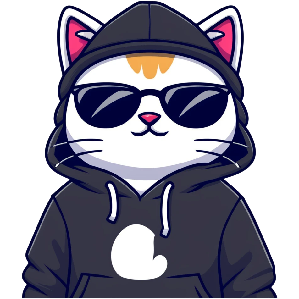 cat wearing a black snapback cap, black hoodie, and black sunglasses low on his nose that he is peering over, doing graffiti art with spray paint, street art style emoji