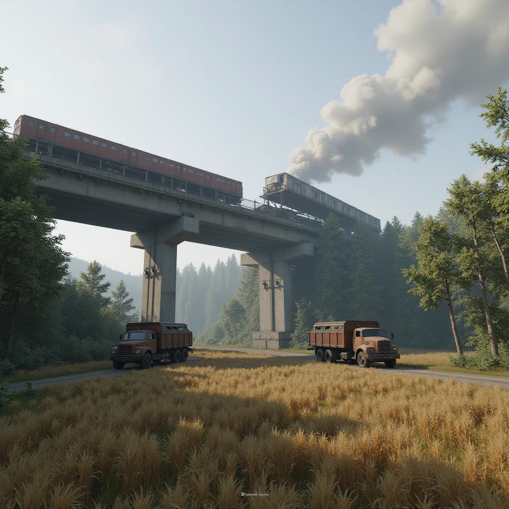  a screenshot of a location in a videogame  the image of the scene consists of:  [above-ground train freeway partially collapsed], a wooded area, a small field of wheat. distant smoke. tall concrete walls, derelict vintage work trucks, more distant smoke. polluted and war-torn emoji