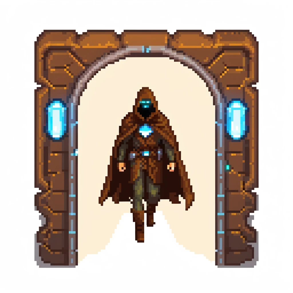 A mysterious man with a brown cloak and futuristic high-tech mask stepping out of a glowing portal emoji