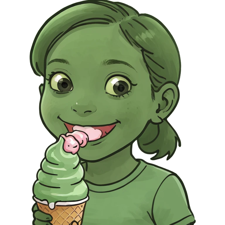 Little girl eating ice cream while smiling emoji