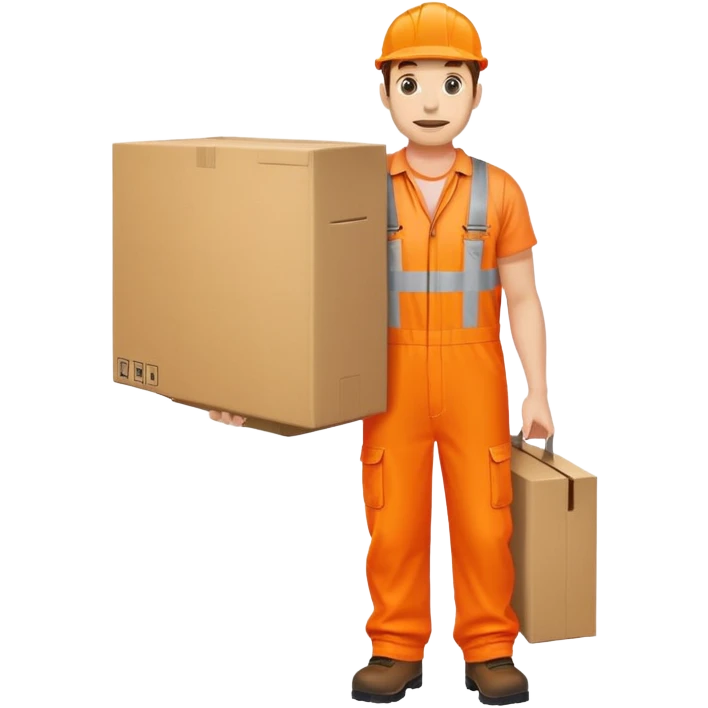 man standing facing sideways, wearing orange hi visibility overalls, carrying a large box emoji