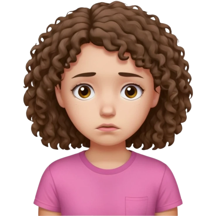 Young girl with unkempt curly hair and a pink T-shirt, looking sad and discouraged emoji
