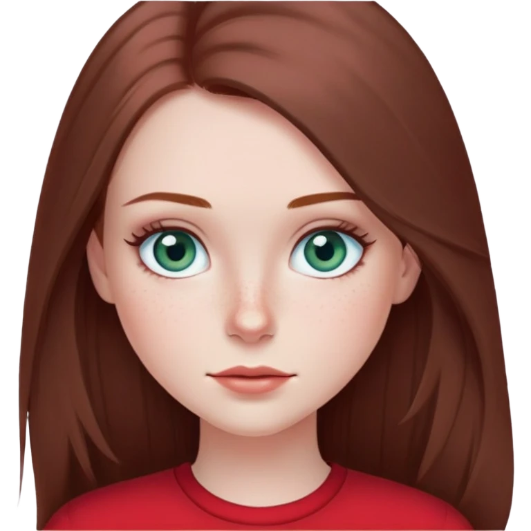 girl with long lashes, brown hair with greyish tone, with straight long hair, blue green eyes, in red clothes, with pale skin with freckles, and long lashes  emoji