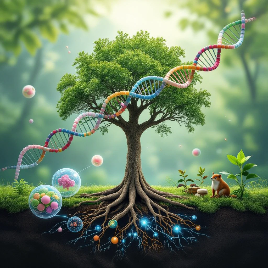 A realistic biological illustration showing: DNA strands transitioning into a tree, cells with visible organelles, neurons connected to plant roots  and a balanced ecosystem background . Seamless integration, no labels or borders. Scientific color scheme, detailed but minimalist. emoji