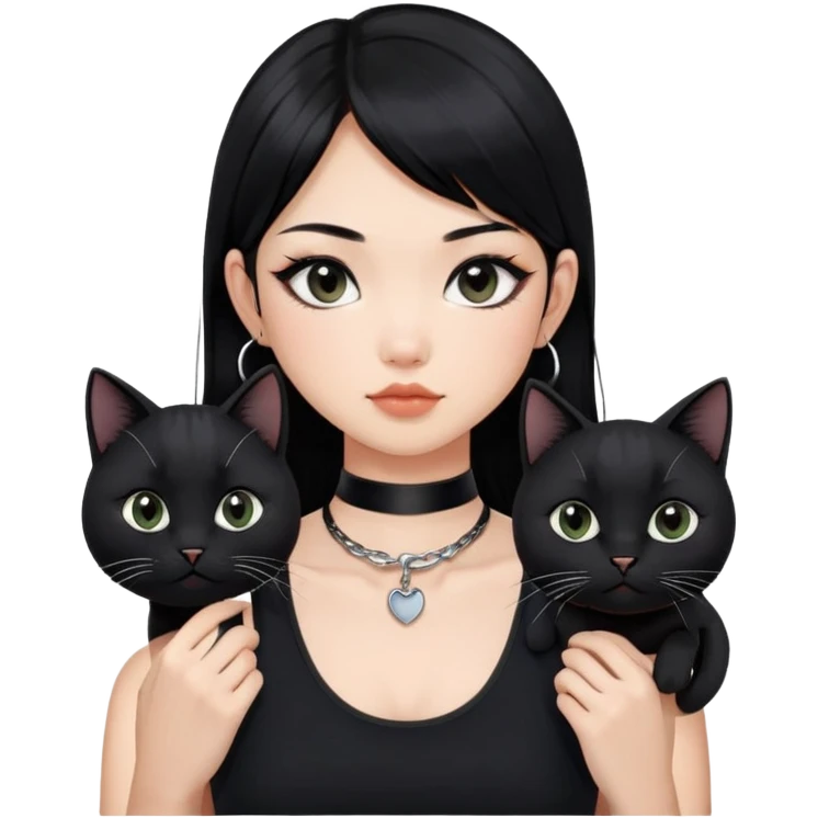 Asian girl, black hair.  Holding two BLACK cats with one cat has a round fat face. Both pure black.  The girl also wearing a black singlet, a black chocker, silver round hook earring, and wearing eyeliner.  emoji
