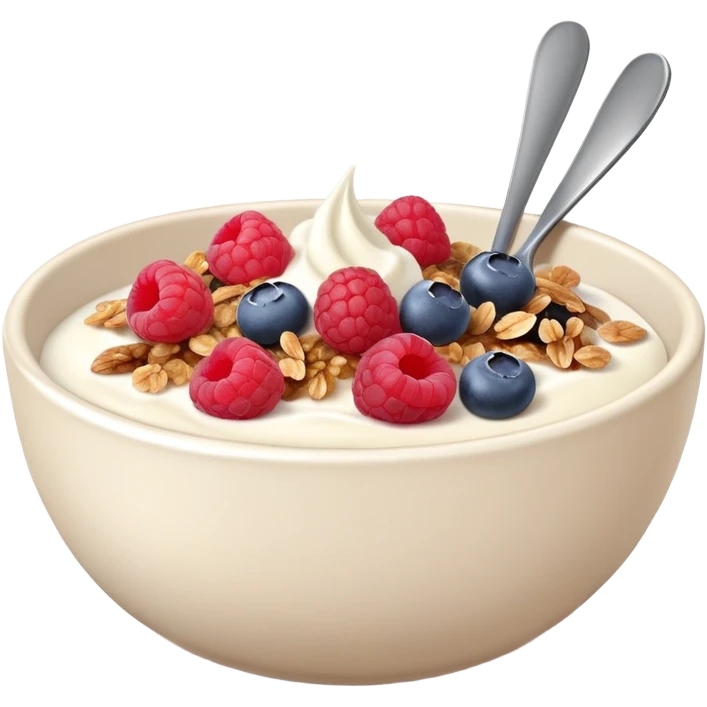 yogurt brown bowl with raspberries, blueberries and granola  emoji