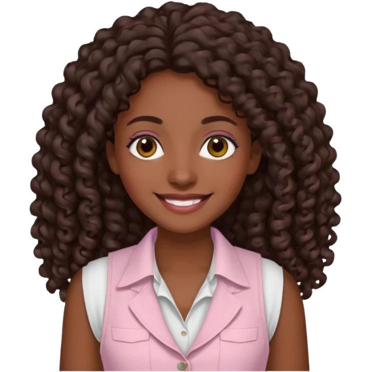 mujer morena, pelo rizado largo, sonriendo, con ojos grandes y marrones con camisa rosa palo y un chaleco blanco emoji