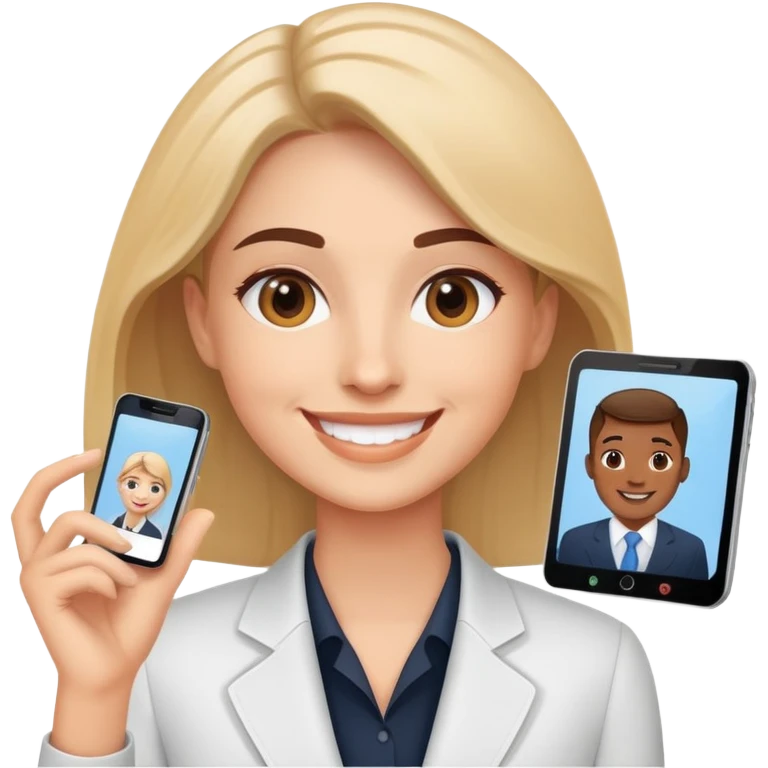 Professional salesperson smiling while on video call with client emoji