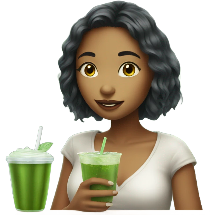 Pretty girl holding a glass cup of iced matcha  emoji
