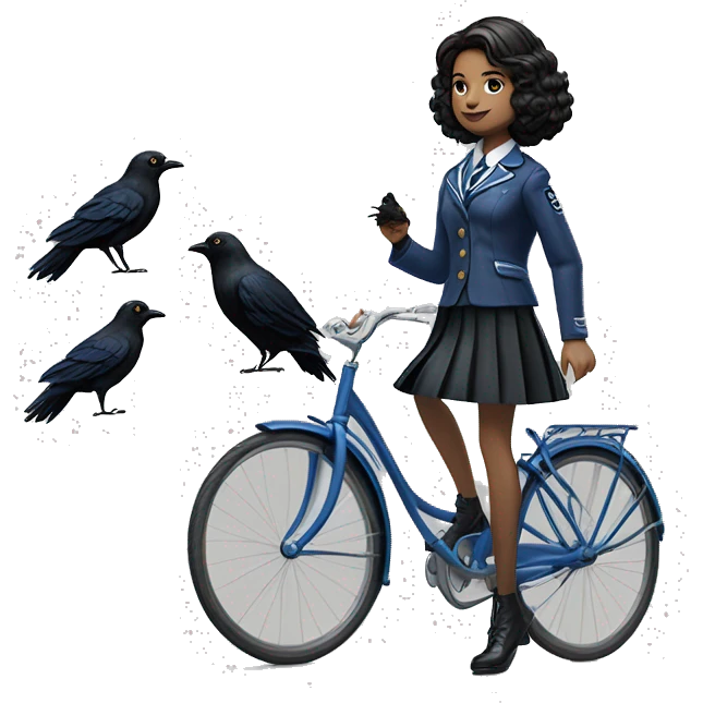 Silkstone enid sinclair from academy in blue and black vertically-striped school uniform skirt with jacket riding bikes with crows emoji