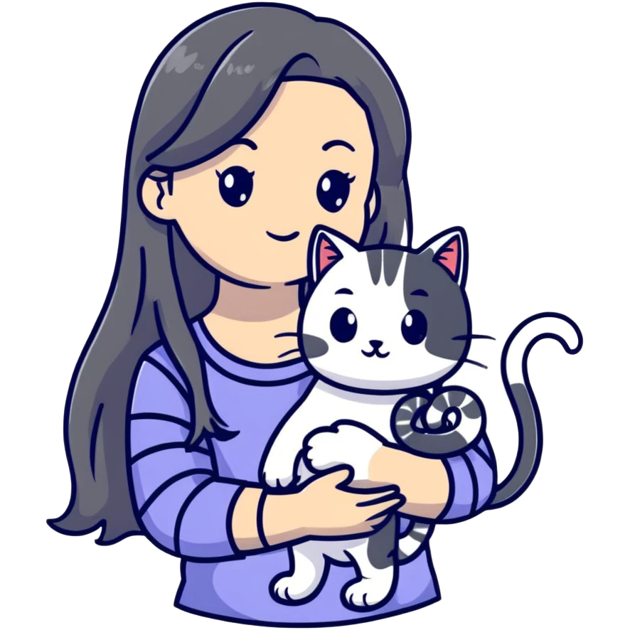 girl with long hair holding a cat with silver stripes emoji