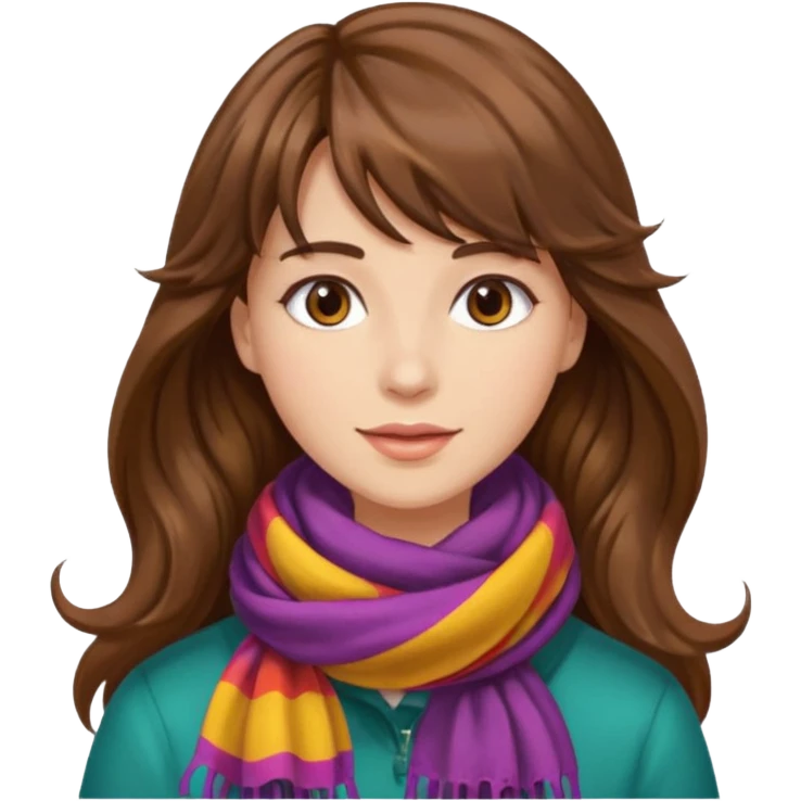 Chica ondulada de cabello castaño largo con flequillo  emoji