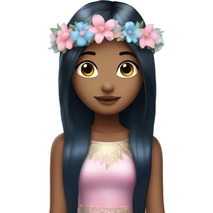 Fairy girl with straight long black hair, blue eyes, medium light skin, sparkly wings, a pink and blue dress and a flower crown and blue eyes emoji