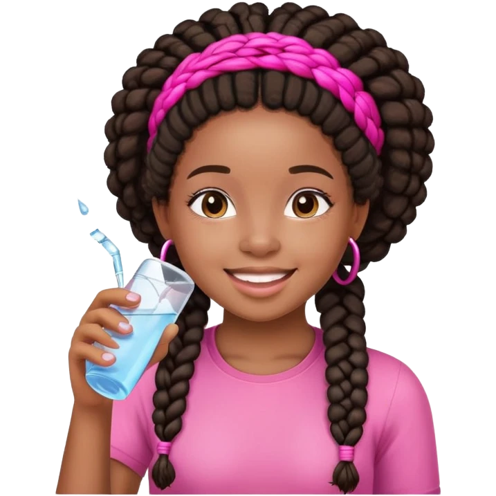 A young afro girl with African braids drinking Water. She has a happy face and is dreesed on pink emoji