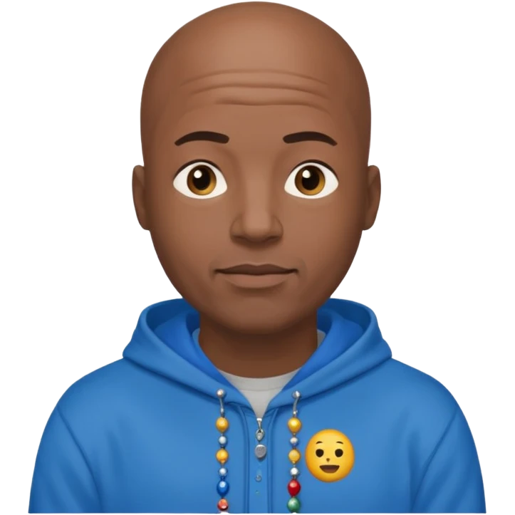 Bald black guy 40 years old with blue hoodie and and bead emoji emoji