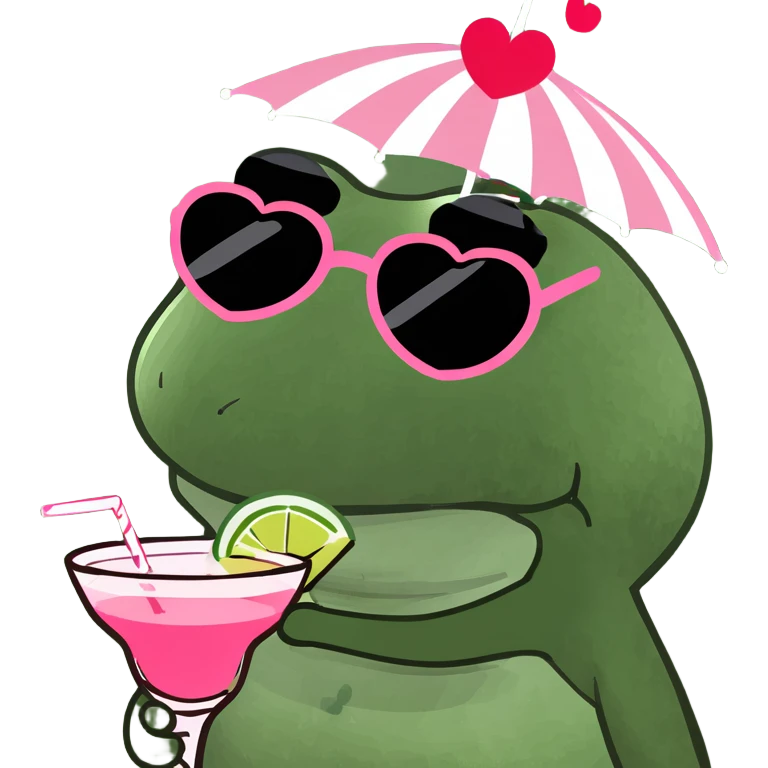 bufo frog with a striped umbrella hat, wearing heart-shaped sunglasses, holding a pink cocktail emoji