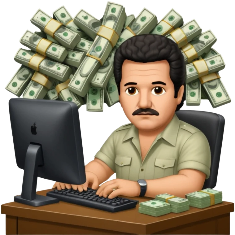 drug lord Pablo escobar using computer with money wallpaper as background emoji