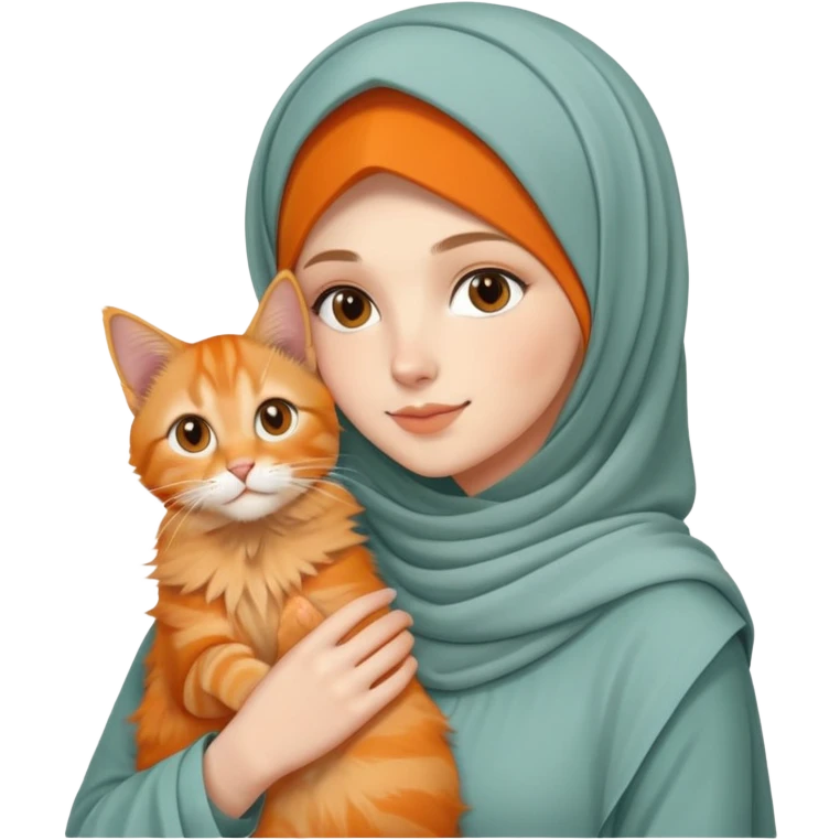 White girl wearing hijab holding orange mainecoon cat emoji