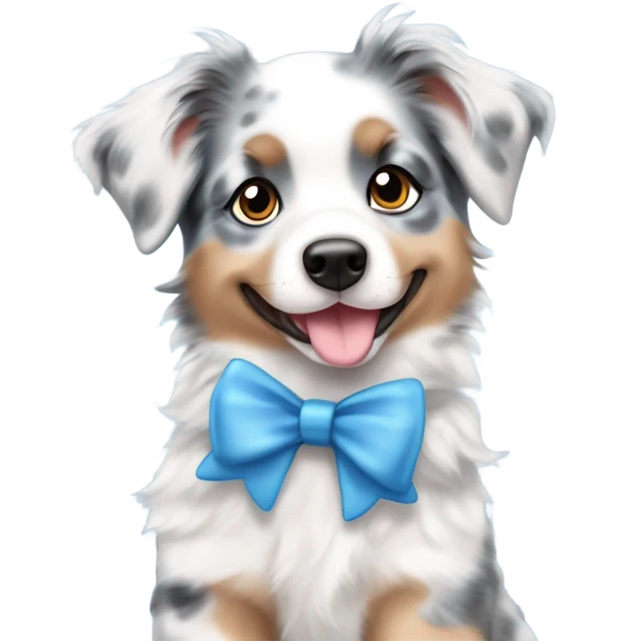 light blue merle Australian shepherd puppy with blue eyes with a coquette bow on ear emoji