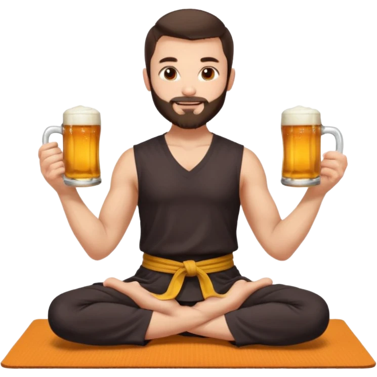 slavic guy with dark brown hair and beard, sitting in yoga pose on a mat, kung fu clothes, short dark hair, holding beer mugs in two hands, sitting emoji