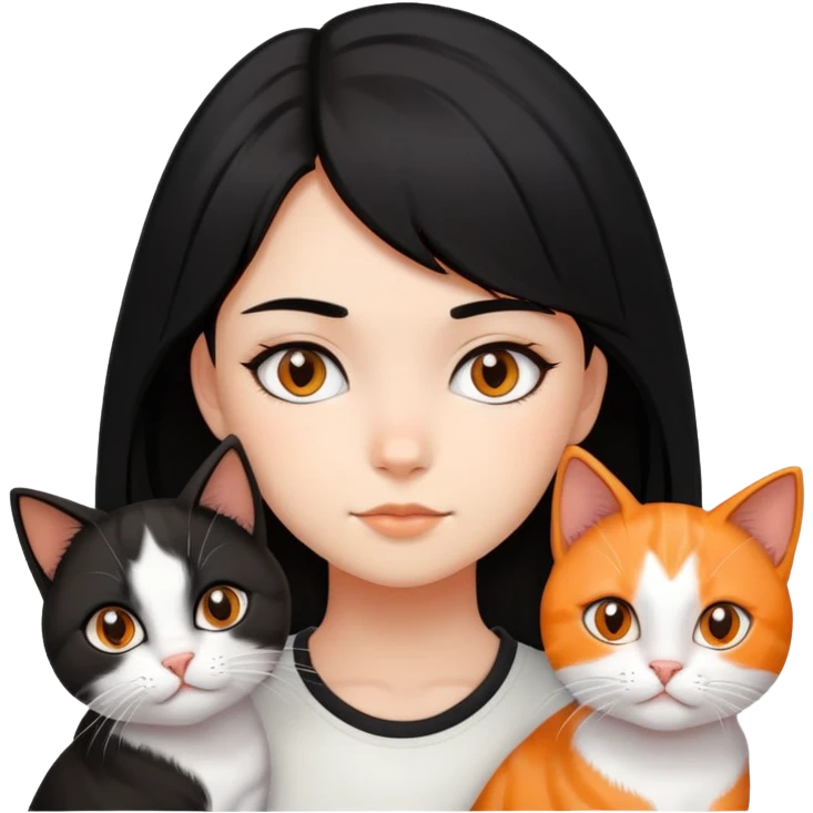 teenage girl with black hair with brown highlights with two cats that are tri-colored (black, orange, and white) emoji