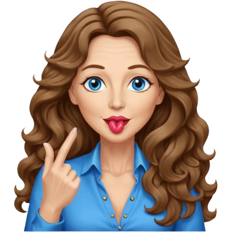 Extra Long wavy hair, brown hair, blue eyes Caucasian, age 50, sexy clothes boobies, blowing kiss emoji