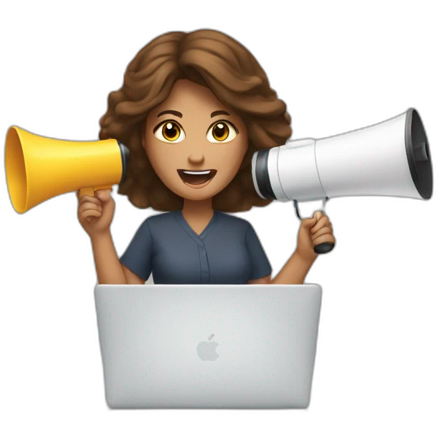 a woman WITH A MEGAPHONE and a macbook, brown hair emoji