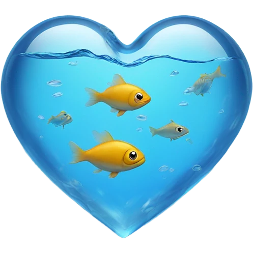 Blue clear Heart made out of water with fish swimming inside  emoji