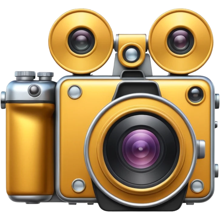 Minimal emoji icon of a huge cinematic metalic camera, front view, simple shapes, realistic lens,  emoji