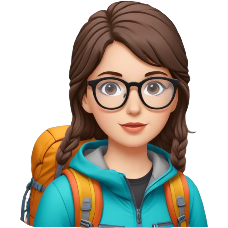 portrait of white girl, braun hair with glasses backpacking girl in the mountains emoji