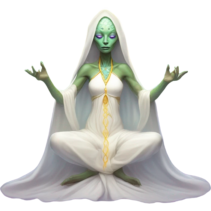 a Reptilian alien woman, white dress like a priestess, in meditation show aura emoji