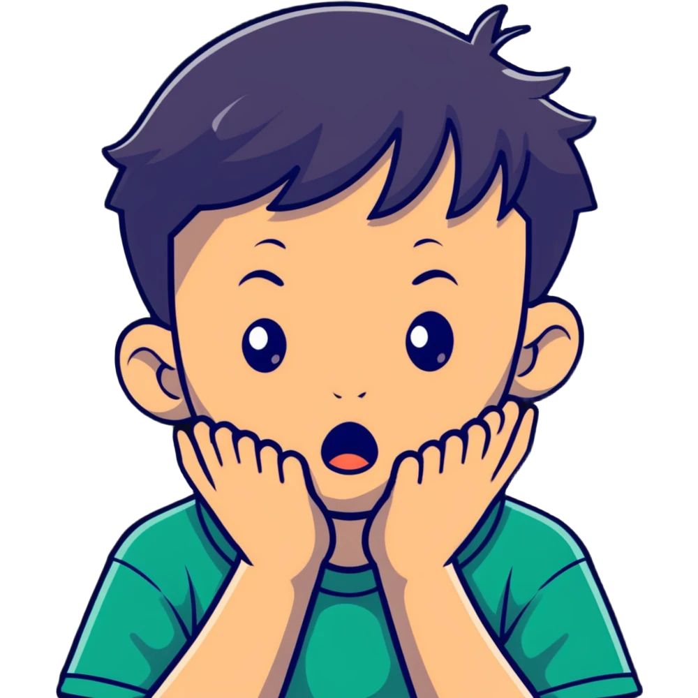 A young boy with both hands pressing on his cheeks, looking amazed or shocked emoji
