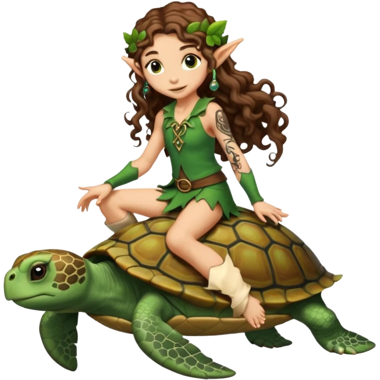 tiny forest elf long curly brown hair tattoos riding turtle emoji