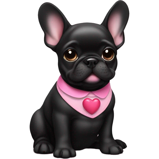 Solid black Frenchie pup with pink collar with a small heart emoji