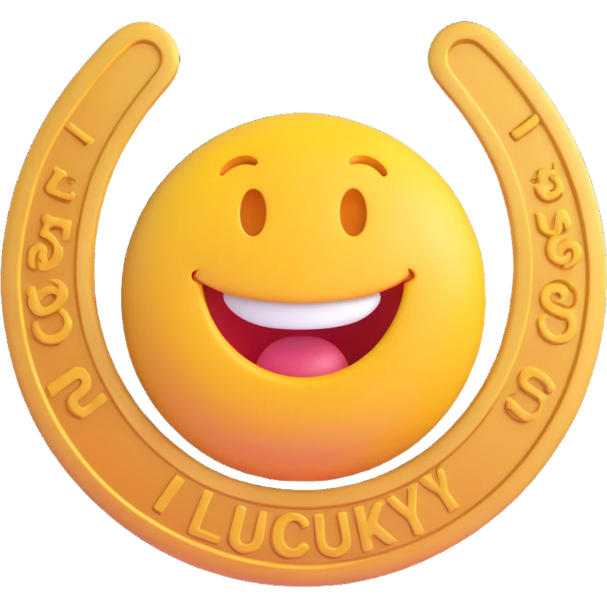 3D smiley emoji, round shape, lucky horseshoe medallion, lucky face emoji