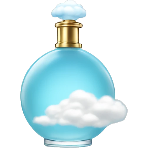 light blue round perfume bottle with large white cloud decoration at its base emoji