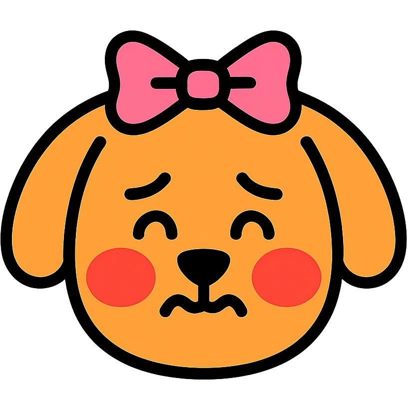 blushing, embarrassed dog with a ribbon on its head, soft colored filled and black outlined icon style emoji