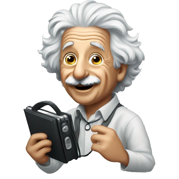 happy albert einstein holding headphone in one hand of his hands emoji