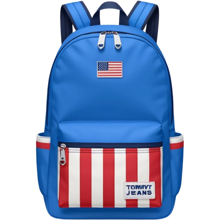 simple blue backpack, at the bottom pocket there is a  tommyjeans logo featuring a Tommy Jeans-inspired logo. The logo looks like a vertically-striped American flag in red, white, and navy. The flag stripes are vertical, not horizontal. Flat

 emoji